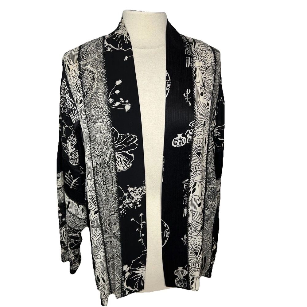 Chicos Kimono Cardigan Silk Asian Print Long Sleeve 2 / L Black White Open Front